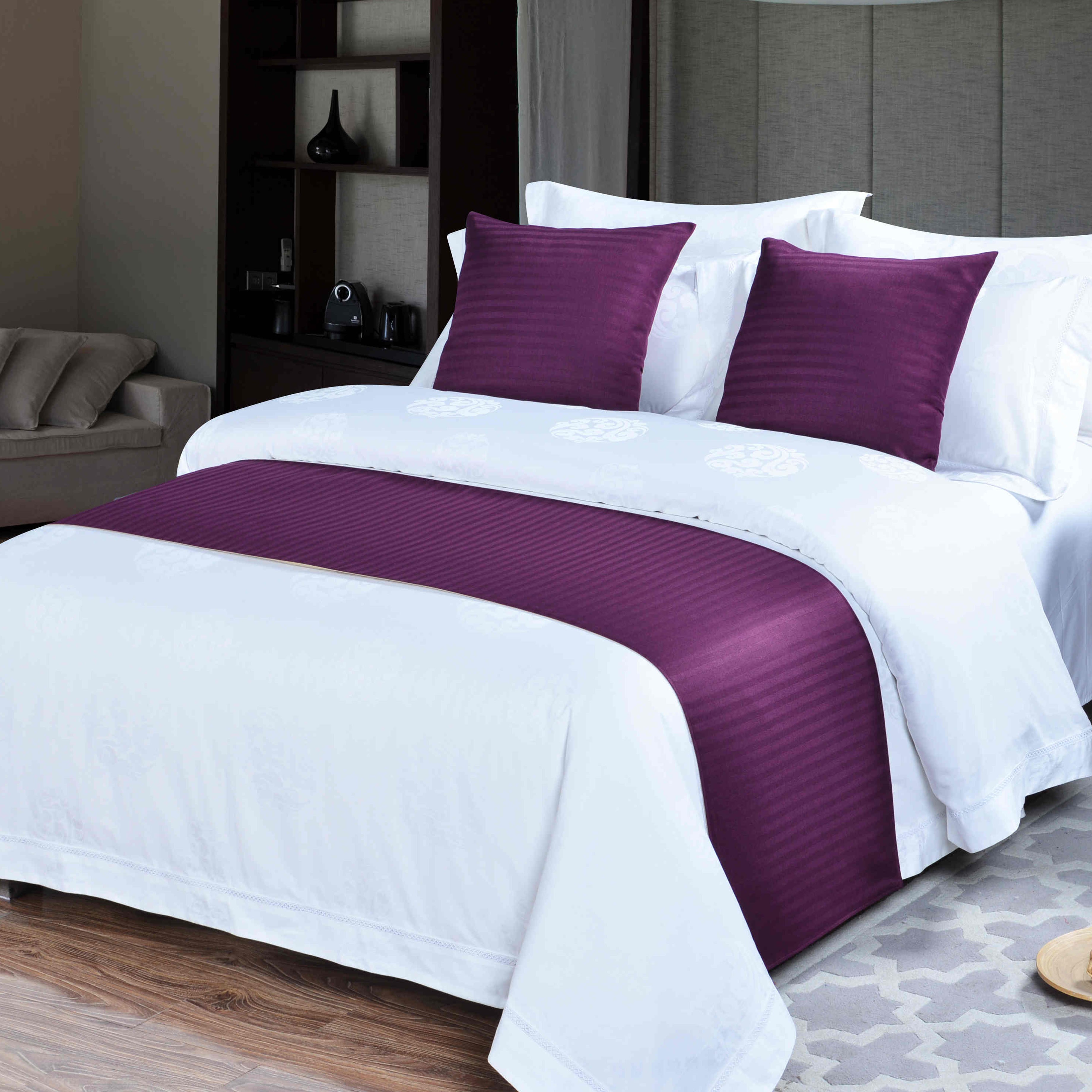 酒店宾馆 民宿 床尾巾 酒店布草 床上用品 定制 抱枕 床尾巾 床旗 床盖 批发详情图1