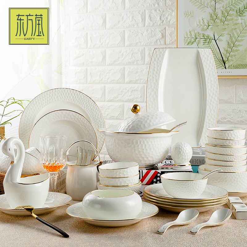 Ceramic tableware sets, bone China tableware sets, gift bowls, ceramic bowls, bone China bowls, bone China plates with yellow gold edges, household tableware detail image 3