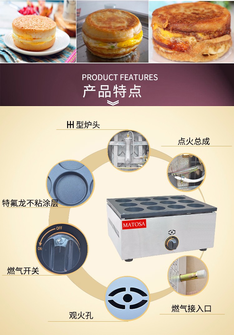 Commercial desktop twelve-hole hamburger machine FY-HB12.R gas egg hamburger oven, pancake oven, snack detail image 2