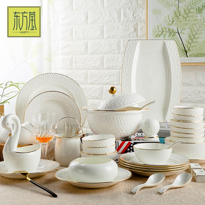 Ceramic tableware sets, bone China tableware sets, gift bowls, ceramic bowls, bone China bowls, bone China plates with yellow gold edges, household tableware
