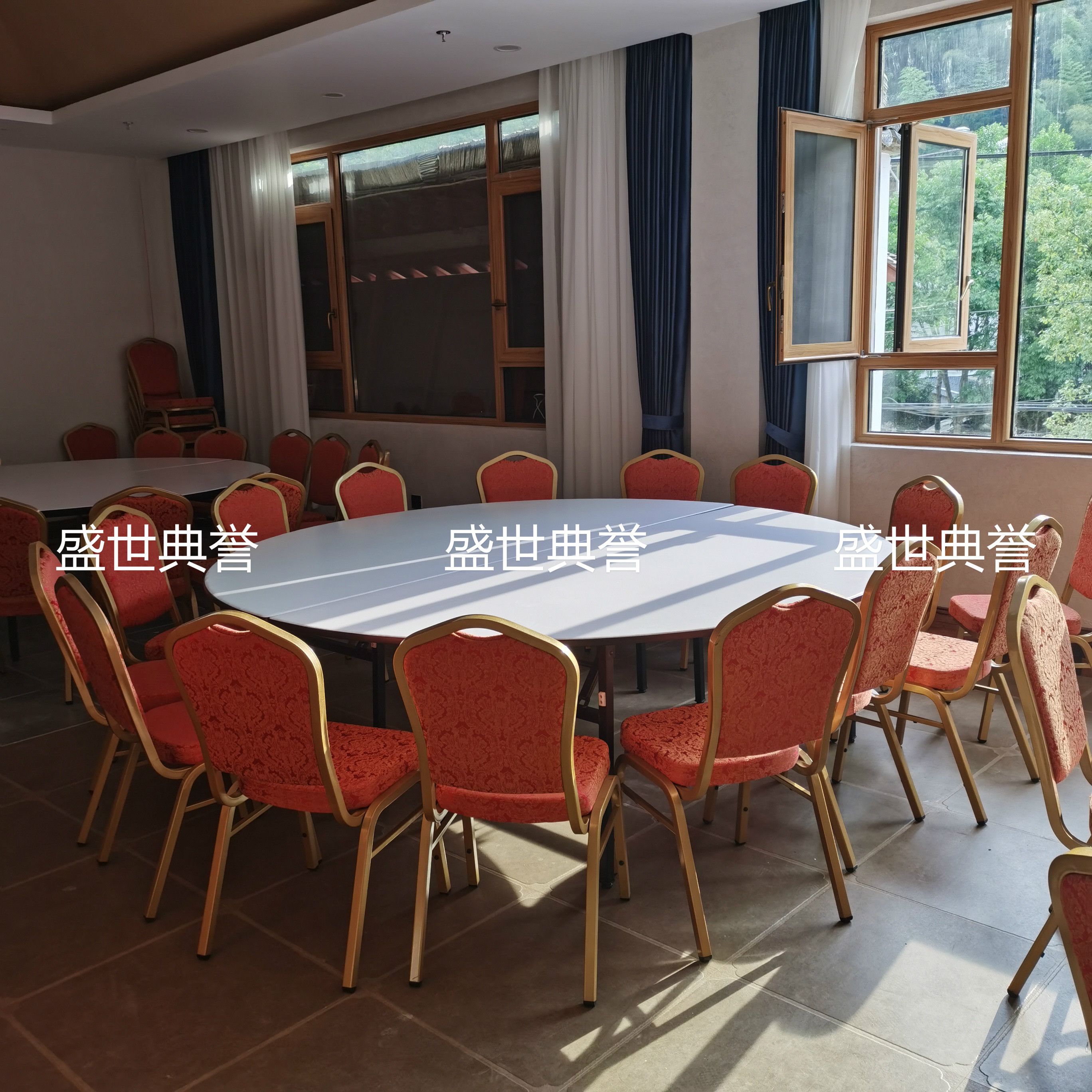 Hefei star hotel banquet hall dining tables and chairs, resort hotel wedding folding tables and chairs, hotel conference metal steel chairs Specification image