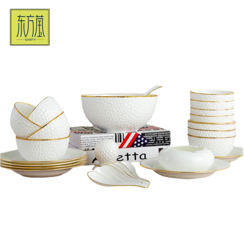 Ceramic tableware sets, bone China tableware sets, gift bowls, ceramic bowls, bone China bowls, bone China plates with yellow gold edges, household tableware Item Picture