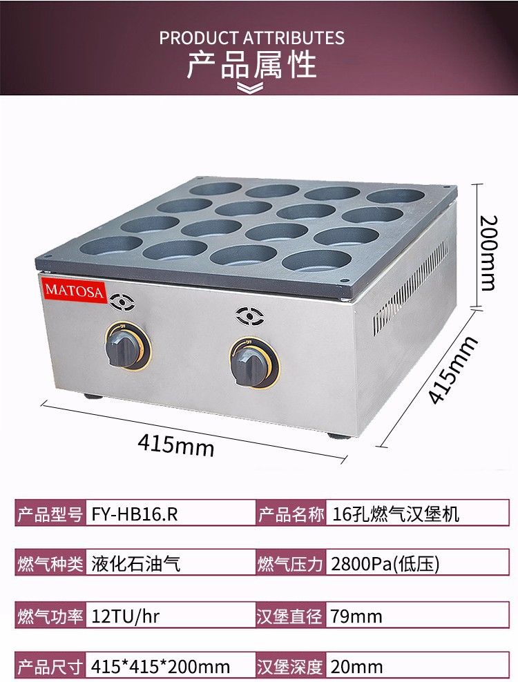 Commercial desktop 16-hole hamburger machine FY-HB16.R gas egg hamburger oven, pancake oven and snack equipment detail image 1