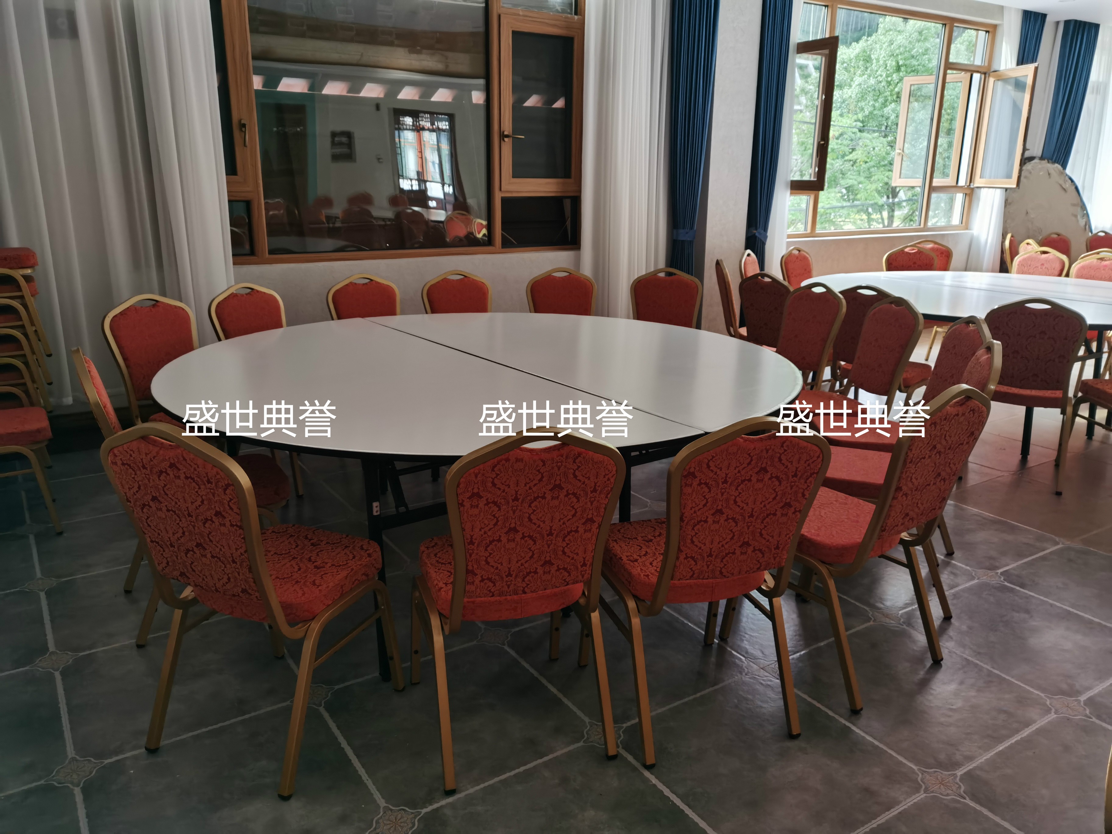 Hefei star hotel banquet hall dining tables and chairs, resort hotel wedding folding tables and chairs, hotel conference metal steel chairs detail image 2
