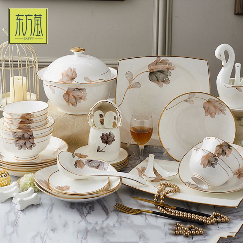 Gift bowls, ceramic bowls, medium tableware sets, bone China bowls, bone China tableware sets with yellow gold edges, soup plates, fish plates, ceramic POTS, gift rice bowls, salad bowls, bowl, plate and dish sets