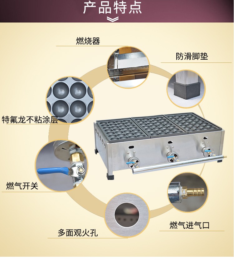 商用日式燃气鱼丸炉FY-1113三板烤盘直径4CM虾扯蛋章鱼烧机详情图3