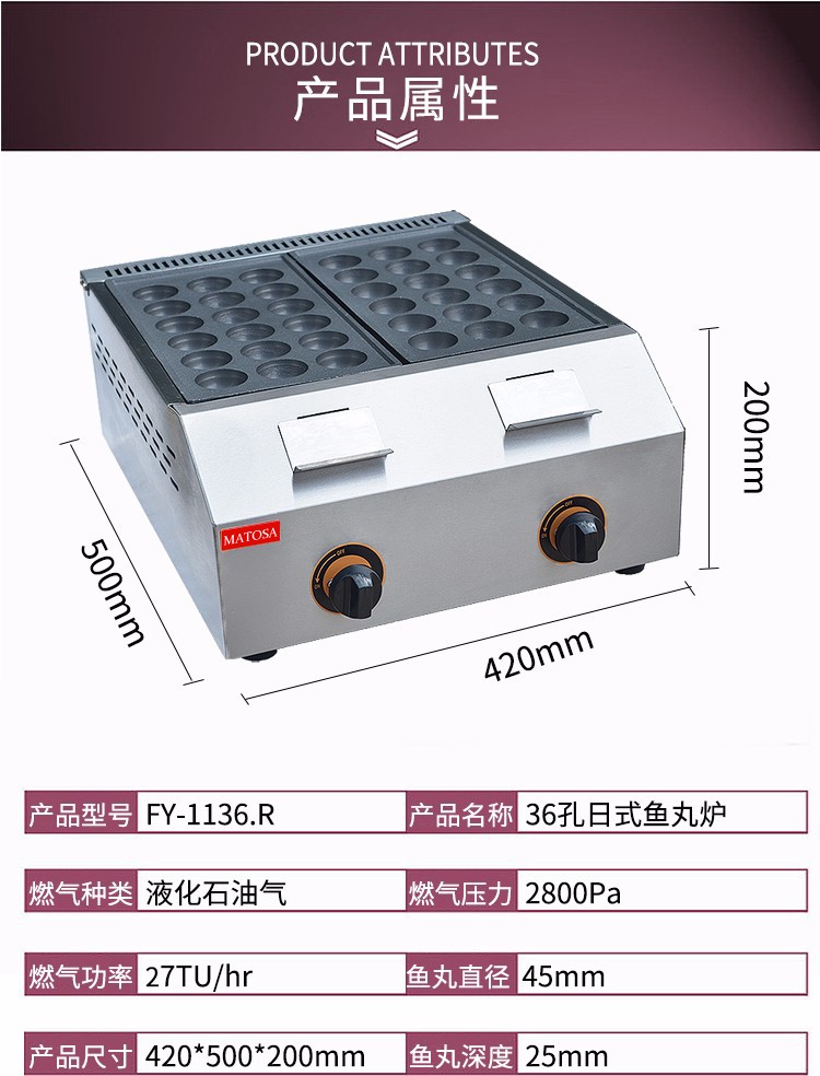 燃气鱼丸炉FY-1136.R商用三十六孔章鱼丸子机 双板虾扯蛋 鱼丸炉详情图1