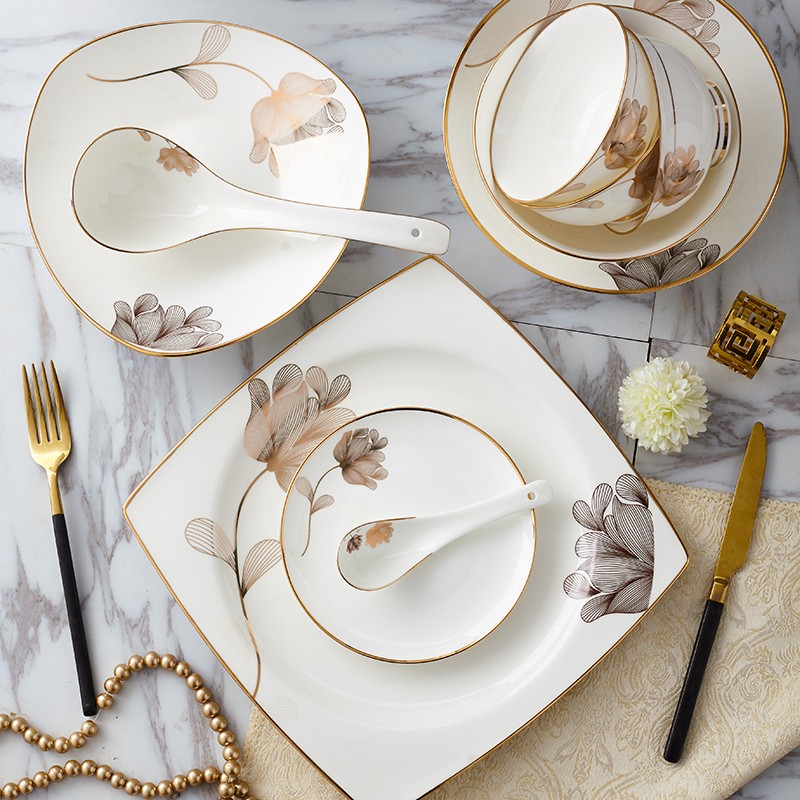 Gift bowls, ceramic bowls, medium tableware sets, bone China bowls, bone China tableware sets with yellow gold edges, soup plates, fish plates, ceramic POTS, gift rice bowls, salad bowls, bowl, plate and dish sets detail image 4