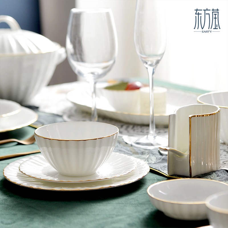 Ceramic bowls, gift bowls, bone China bowls, tableware, gift sets, bowl, plate and dish sets, bone China plates, bone China bowls, solid-color tableware with gold edges detail image 3