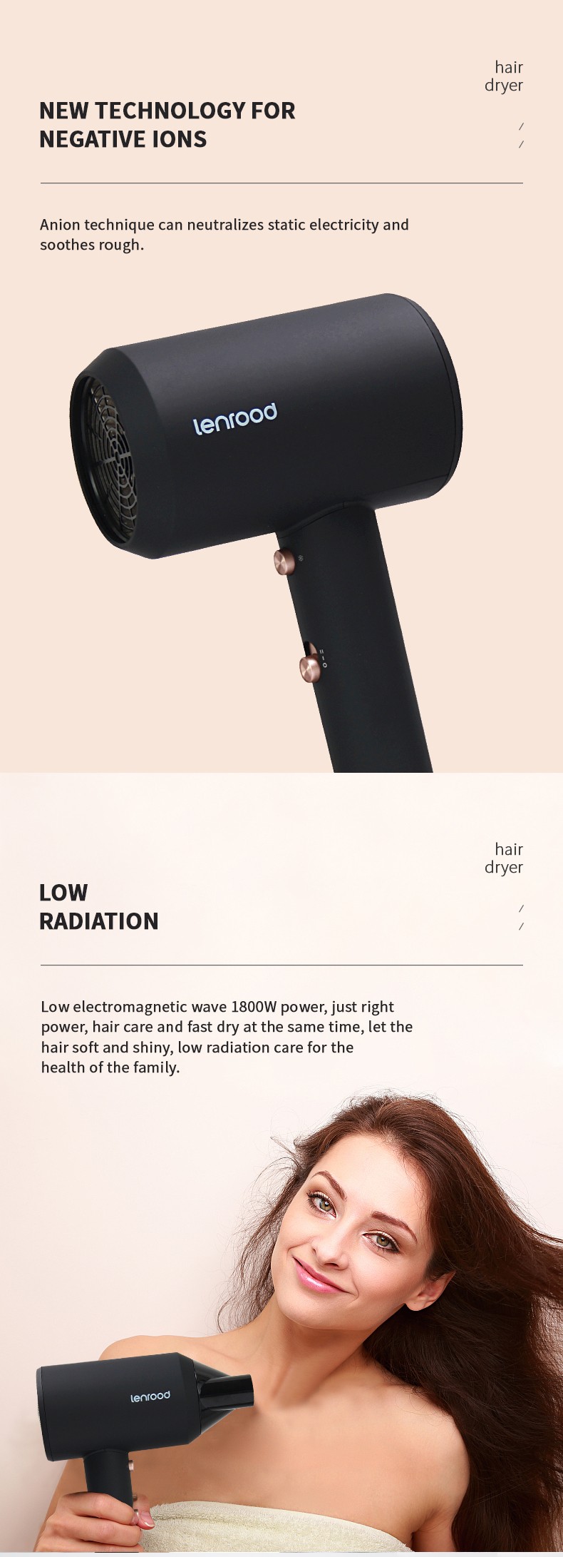 邻鹿 LR-5933黑色小巧吹风机家用宿舍用低辐射温控电吹风详情图6