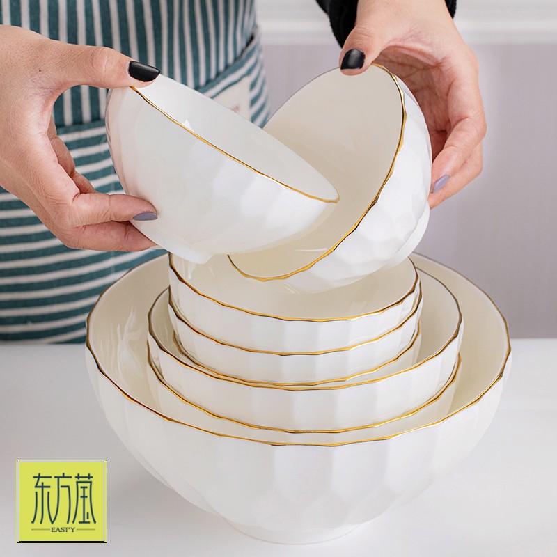 Ceramic bowls, gift bowls, rice bowls, household bowls, small bowls, noodle bowls, salad bowls, soup bowls, bone China bowls, solid-color golden edge bowls, irregular-shaped bowls, relief bowls detail image 4