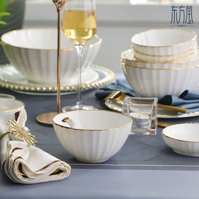 Ceramic bowls, gift bowls, bone China bowls, tableware, gift sets, bowl, plate and dish sets, bone China plates, bone China bowls, solid-color tableware with gold edges details Picture