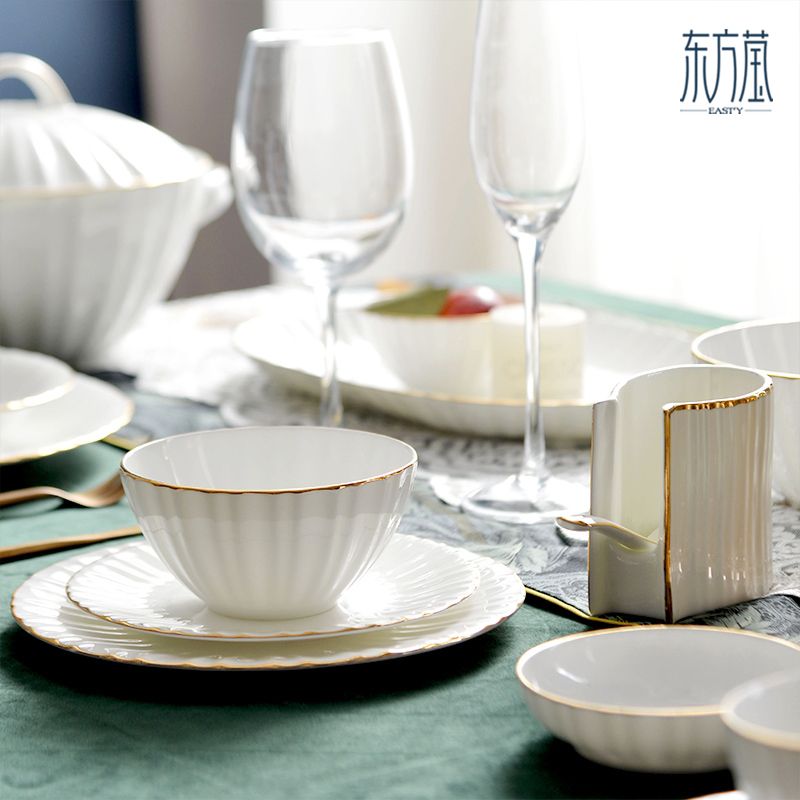Ceramic bowls, gift bowls, bone China bowls, tableware, gift sets, bowl, plate and dish sets, bone China plates, bone China bowls, solid-color tableware with gold edges Specification image