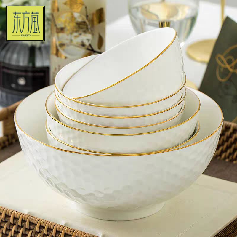 陶瓷碗礼品碗米饭碗骨瓷碗家用饭碗面碗汤碗沙拉碗排骨碗大碗小汤碗小碗纯色金边
