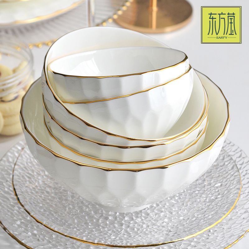 Ceramic bowls, gift bowls, rice bowls, household bowls, small bowls, noodle bowls, salad bowls, soup bowls, bone China bowls, solid-color golden edge bowls, irregular-shaped bowls, relief bowls Application Scenario