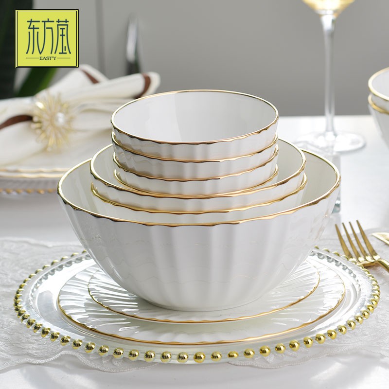 Ceramic bowls, gift bowls, bone China bowls, tableware, gift sets, bowl, plate and dish sets, bone China plates, bone China bowls, solid-color tableware with gold edges detail image 7