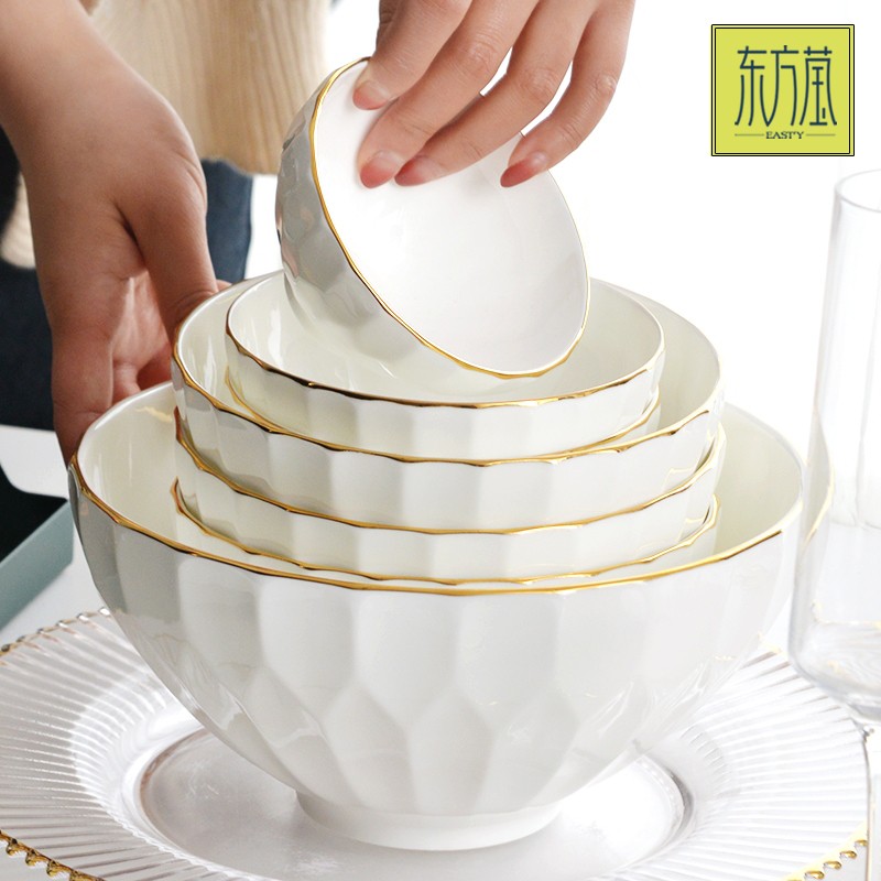 Ceramic bowls, gift bowls, rice bowls, household bowls, small bowls, noodle bowls, salad bowls, soup bowls, bone China bowls, solid-color golden edge bowls, irregular-shaped bowls, relief bowls detail image 3
