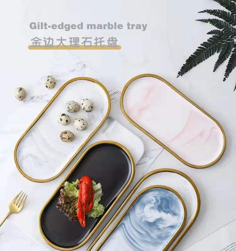 Nordic ins creative and simple marble-patterned ceramic plates, oval plates, steak plates, home storage, jewelry plates, trays detail image 1