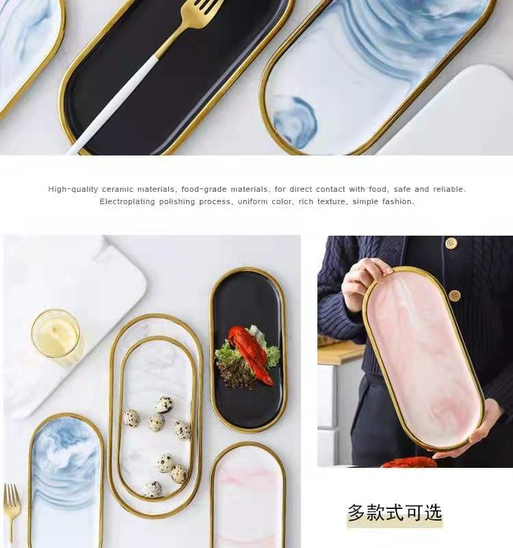 Nordic ins creative and simple marble-patterned ceramic plates, oval plates, steak plates, home storage, jewelry plates, trays detail image 4