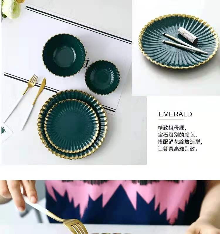 Nordic modern home furnishing, golden edge chrysanthemum plate, creative retro ceramic tableware, oval plate, soup bowl, salad bowl, flavor plate detail image 8