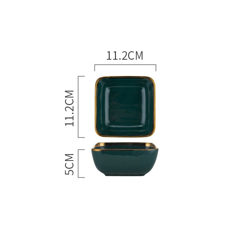 Nordic gold-edge ceramic tableware, dark green square bowls and plates, steak plates, dessert plates, salad bowls, hotel storage plates, trays Item Picture