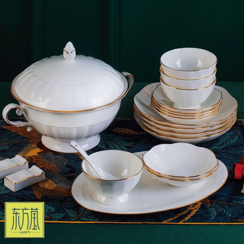 Ceramic bowl gift bowl set, tableware in bowls, ceramic plates, ceramic tableware, bone China tableware set, bowl, plate and dish set, bone China solid color ceramic with gold edge