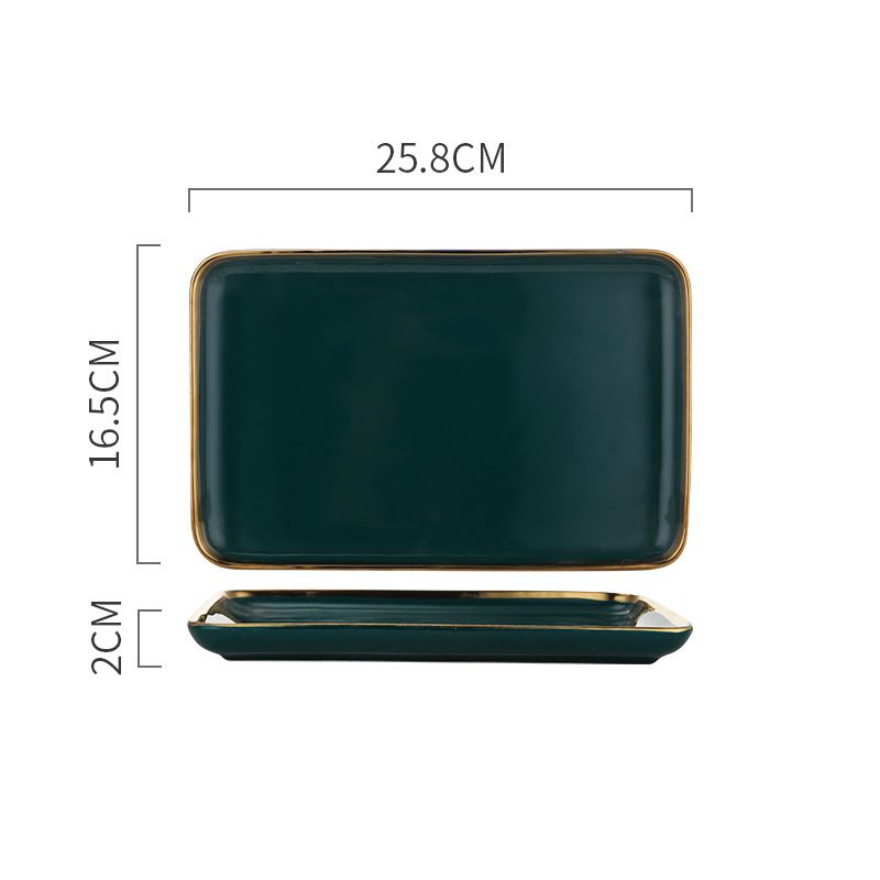 Nordic gold-edge ceramic tableware, dark green square bowls and plates, steak plates, dessert plates, salad bowls, hotel storage plates, trays Specification image