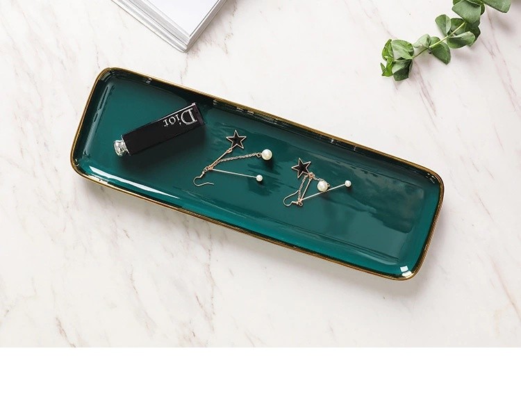 Nordic gold-edge ceramic tableware, dark green square bowls and plates, steak plates, dessert plates, salad bowls, hotel storage plates, trays detail image 11