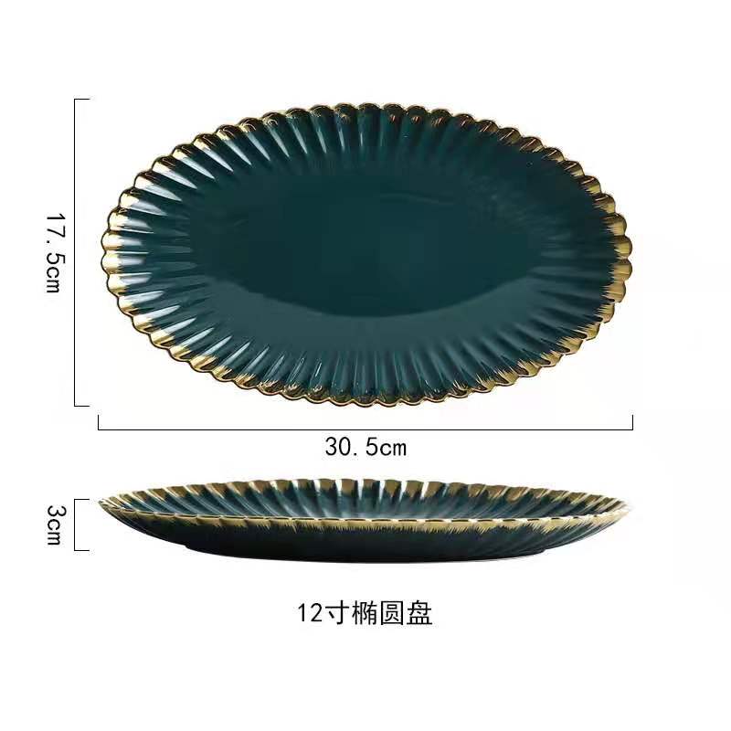 Nordic modern home furnishing, golden edge chrysanthemum plate, creative retro ceramic tableware, oval plate, soup bowl, salad bowl, flavor plate details Picture