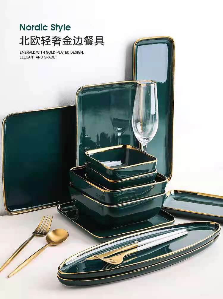 Nordic gold-edge ceramic tableware, dark green square bowls and plates, steak plates, dessert plates, salad bowls, hotel storage plates, trays detail image 1