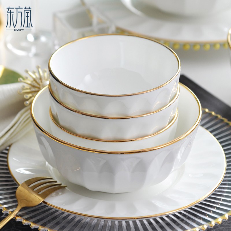 陶瓷碗礼品碗骨瓷餐具碗盘碟套装家用后厨陶瓷骨瓷餐具套装纯色陶瓷镶金边简约风欧式餐具套装详情4
