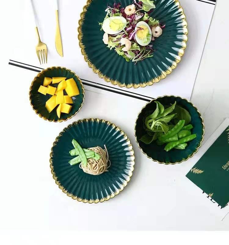 Nordic modern home furnishing, golden edge chrysanthemum plate, creative retro ceramic tableware, oval plate, soup bowl, salad bowl, flavor plate detail image 4