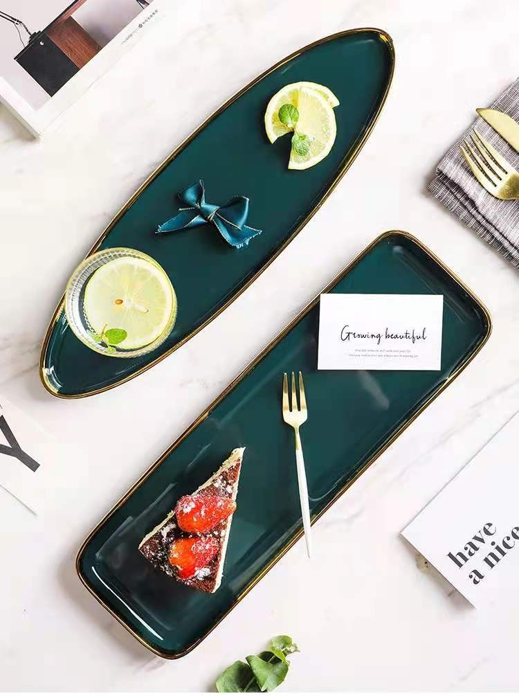 Nordic gold-edge ceramic tableware, dark green square bowls and plates, steak plates, dessert plates, salad bowls, hotel storage plates, trays detail image 6