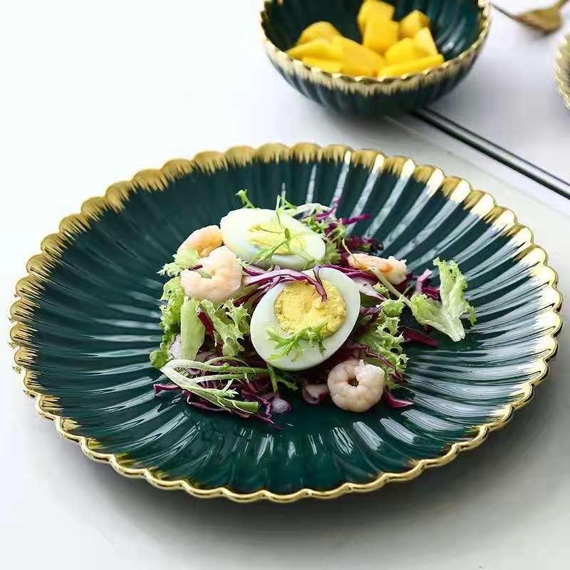 Nordic modern home furnishing, golden edge chrysanthemum plate, creative retro ceramic tableware, oval plate, soup bowl, salad bowl, flavor plate detail image 3