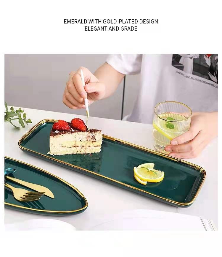 Nordic gold-edge ceramic tableware, dark green square bowls and plates, steak plates, dessert plates, salad bowls, hotel storage plates, trays detail image 12