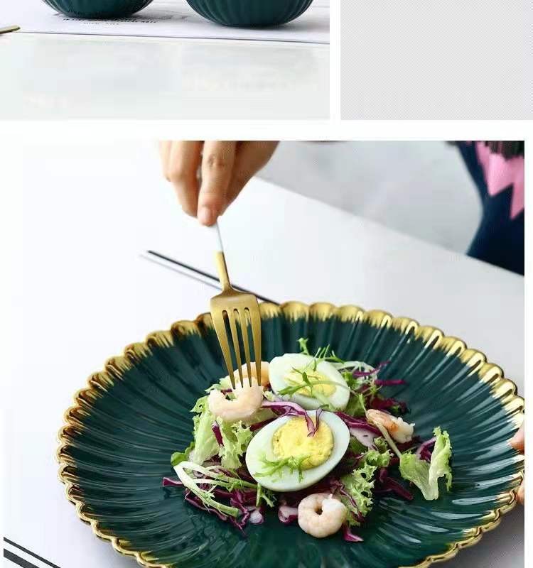 Nordic modern home furnishing, golden edge chrysanthemum plate, creative retro ceramic tableware, oval plate, soup bowl, salad bowl, flavor plate detail image 6