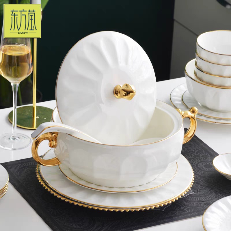 陶瓷碗礼品碗骨瓷餐具碗盘碟套装家用后厨陶瓷骨瓷餐具套装纯色陶瓷镶金边简约风欧式餐具套装详情3