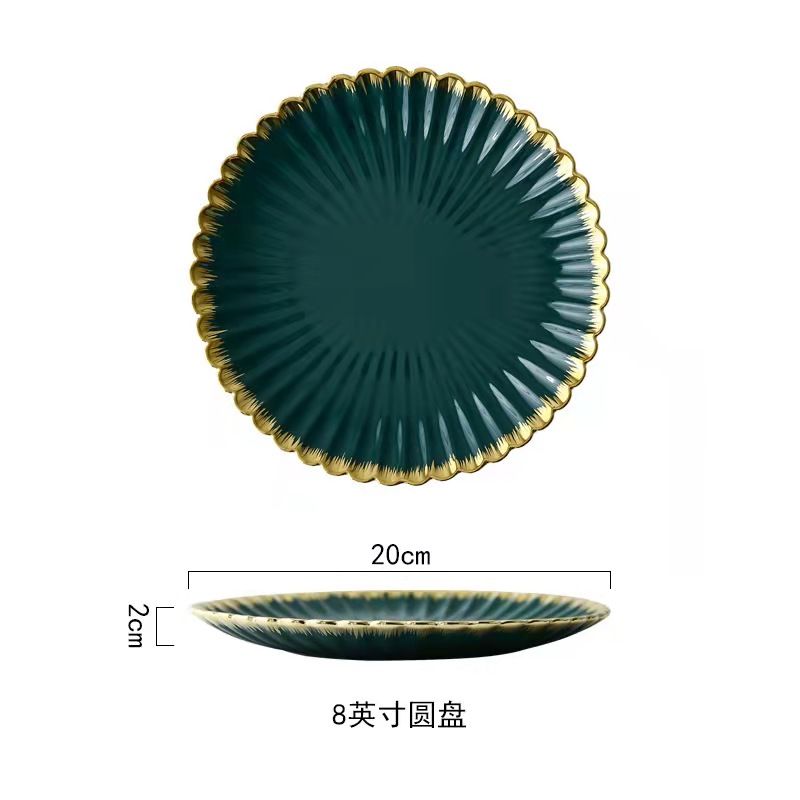 Nordic modern home furnishing, golden edge chrysanthemum plate, creative retro ceramic tableware, oval plate, soup bowl, salad bowl, flavor plate Specification image