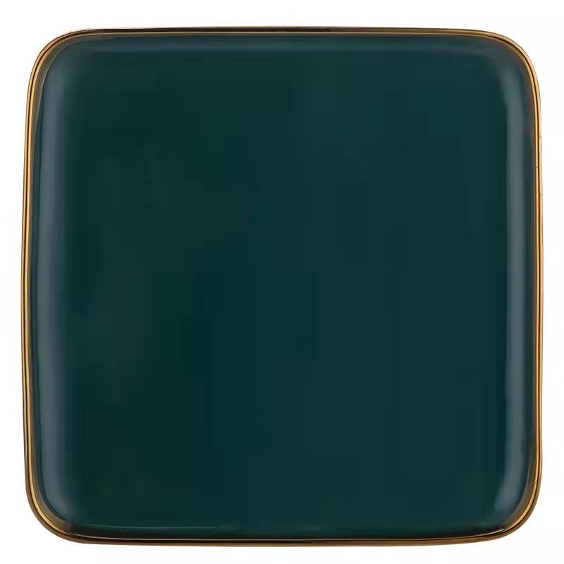 Nordic gold-edge ceramic tableware, dark green square bowls and plates, steak plates, dessert plates, salad bowls, hotel storage plates, trays Application Scenario