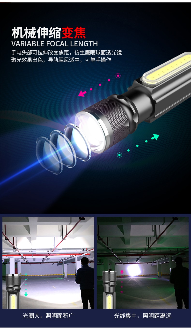 516USB充电小电筒伸缩调焦强光LED手电筒迷你便携COB侧光灯电筒详情图12