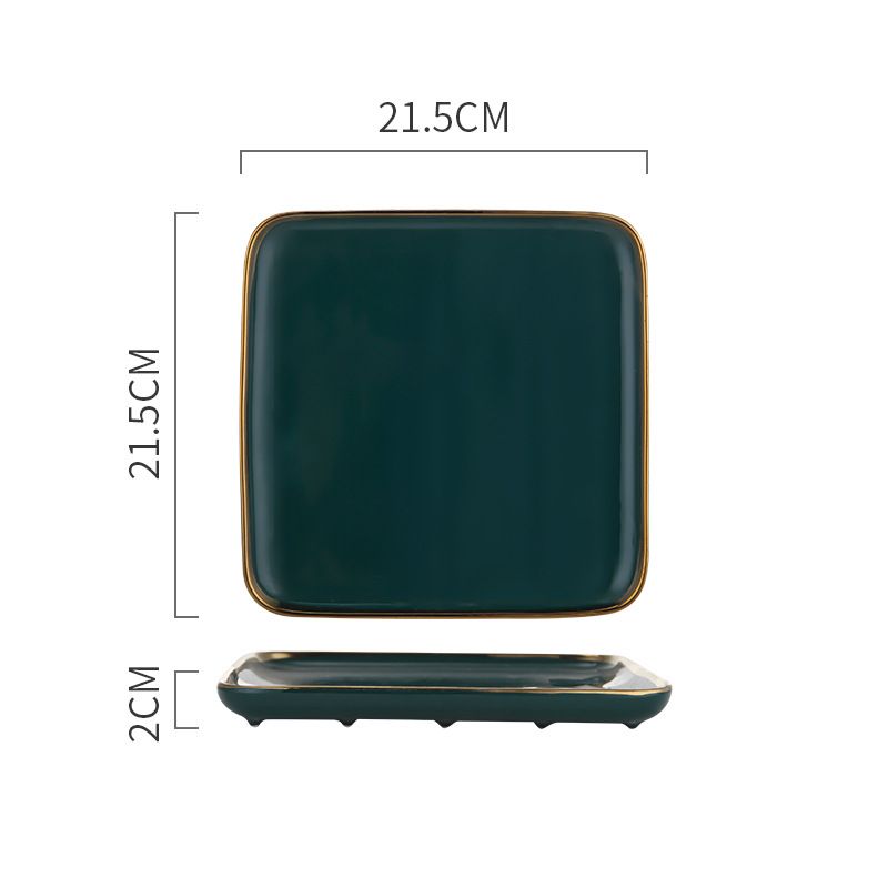 Nordic gold-edge ceramic tableware, dark green square bowls and plates, steak plates, dessert plates, salad bowls, hotel storage plates, trays details Picture