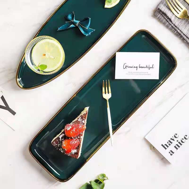 Nordic gold-edge ceramic tableware, dark green square bowls and plates, steak plates, dessert plates, salad bowls, hotel storage plates, trays detail image 5