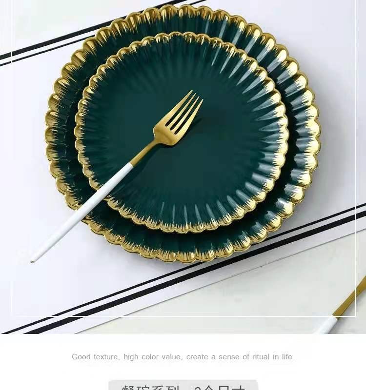 Nordic modern home furnishing, golden edge chrysanthemum plate, creative retro ceramic tableware, oval plate, soup bowl, salad bowl, flavor plate detail image 12