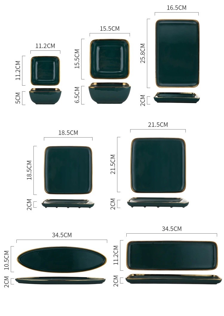 Nordic gold-edge ceramic tableware, dark green square bowls and plates, steak plates, dessert plates, salad bowls, hotel storage plates, trays detail image 13