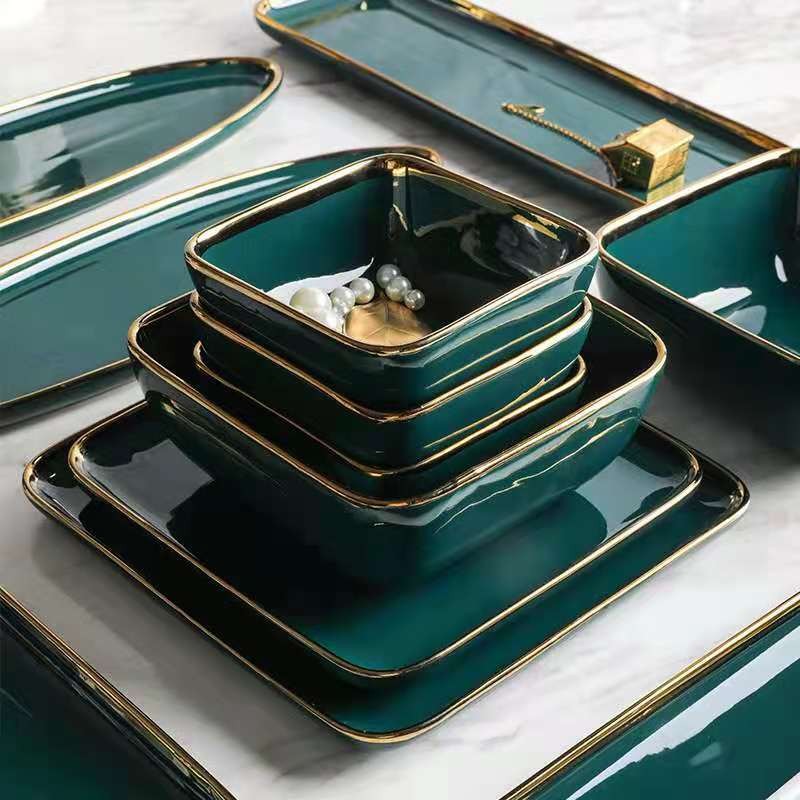 Nordic gold-edge ceramic tableware, dark green square bowls and plates, steak plates, dessert plates, salad bowls, hotel storage plates, trays detail image 4