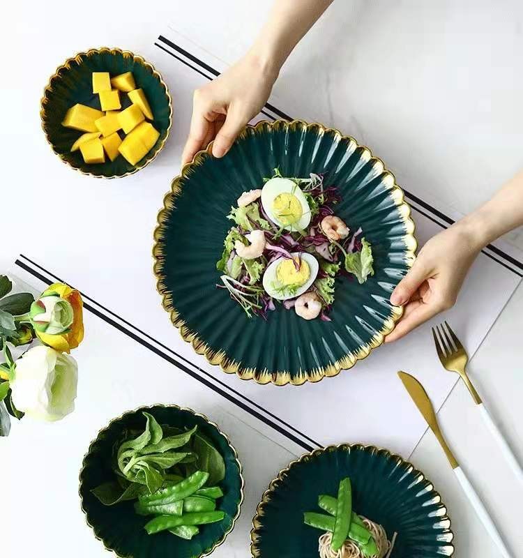 Nordic modern home furnishing, golden edge chrysanthemum plate, creative retro ceramic tableware, oval plate, soup bowl, salad bowl, flavor plate detail image 1