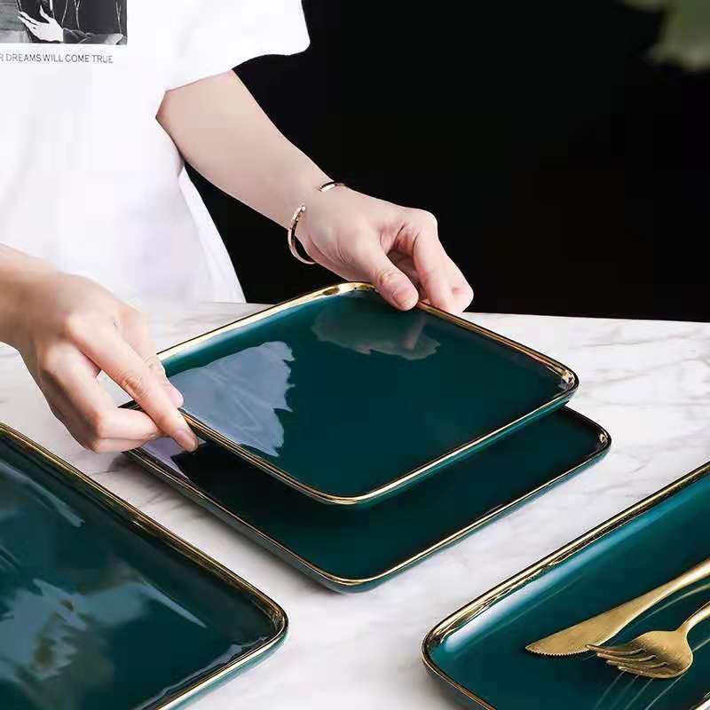 Nordic gold-edge ceramic tableware, dark green square bowls and plates, steak plates, dessert plates, salad bowls, hotel storage plates, trays detail image 3