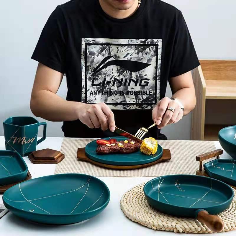 北欧轻奢陶瓷餐具哑光法拉绿绿陶瓷碗沙拉碗西餐盘子牛排盘详情图7