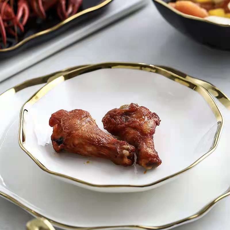 Nordic gilded edge ceramic plates, creative lotus leaf edge bowls, plates, Western plates, steak plates, salad bowls, soup bowls, rice bowls detail image 9