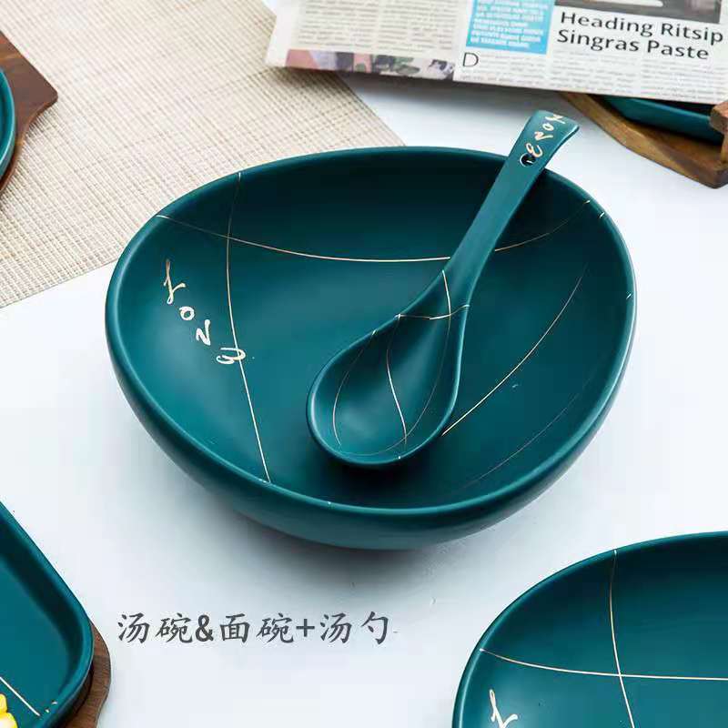 北欧轻奢陶瓷餐具哑光法拉绿绿陶瓷碗沙拉碗西餐盘子牛排盘产品图